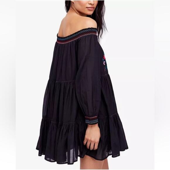 Free People Sunbeams Mini Dress Embroidered Boho Off Shoulder Flowy Black Small - Picture 2 of 14